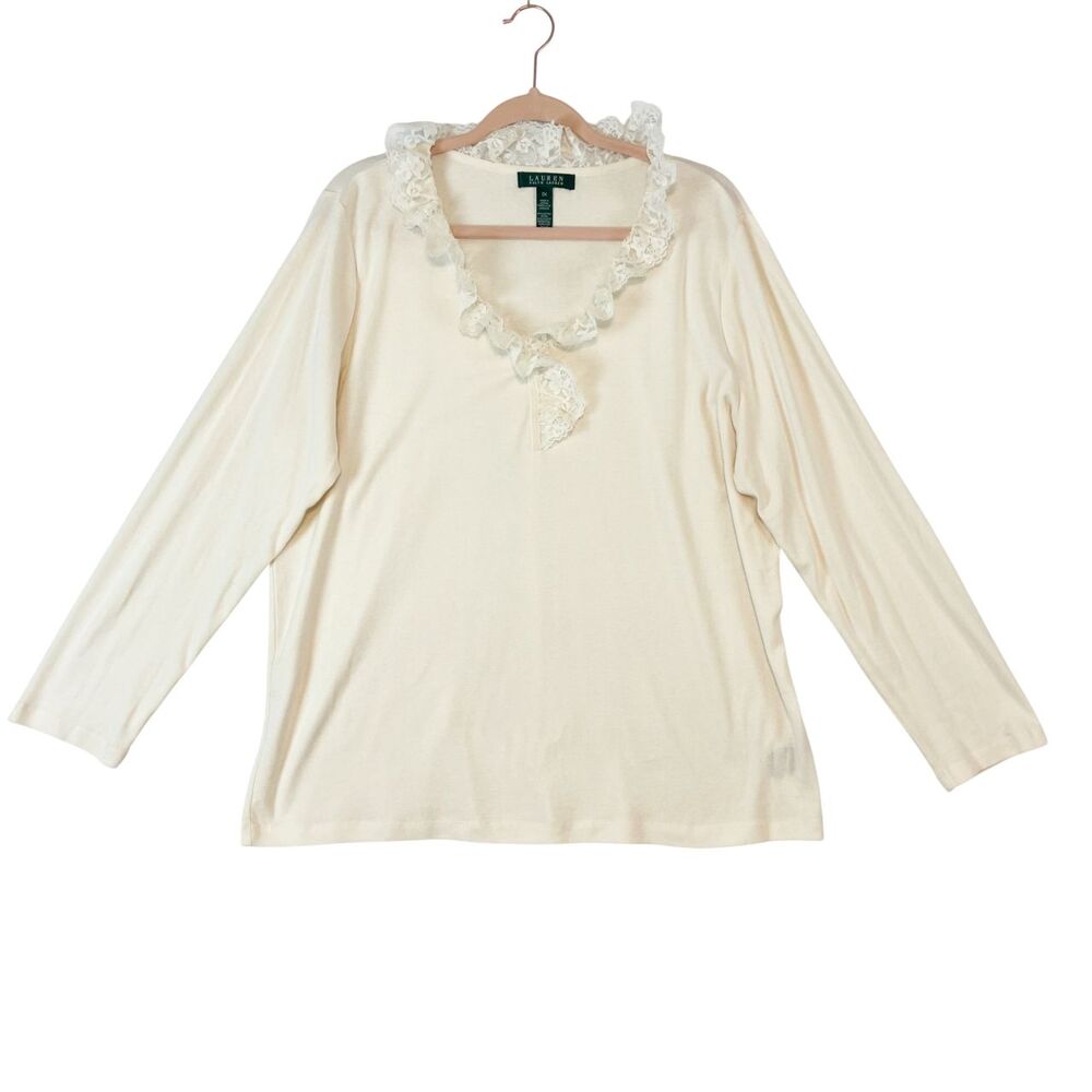 VTG 90s Lauren Ralph‎ Lauren Top Womens 2X Cream Lace Ruffle Cottage Coquette